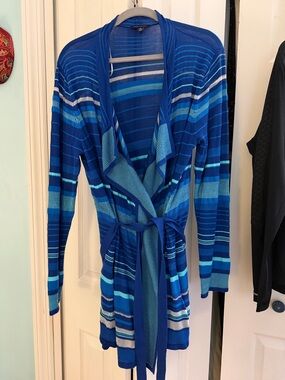 Tommy Hilfiger Striped Knit Open Front Cardigan – XL Various Blues